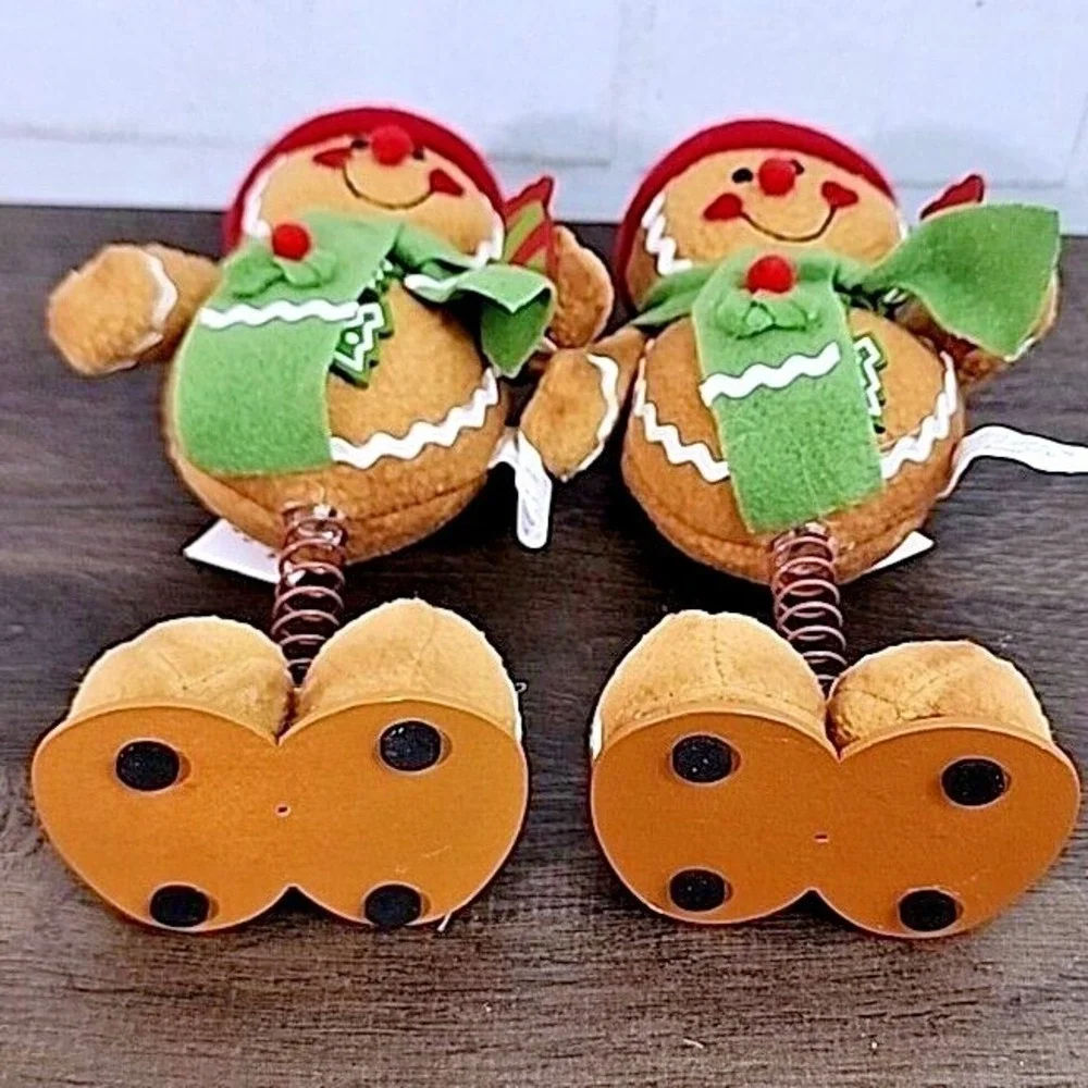 Gingerbread Bobblehead Set Of 2 Brown Green Red Christmas Decor Kitsch 9